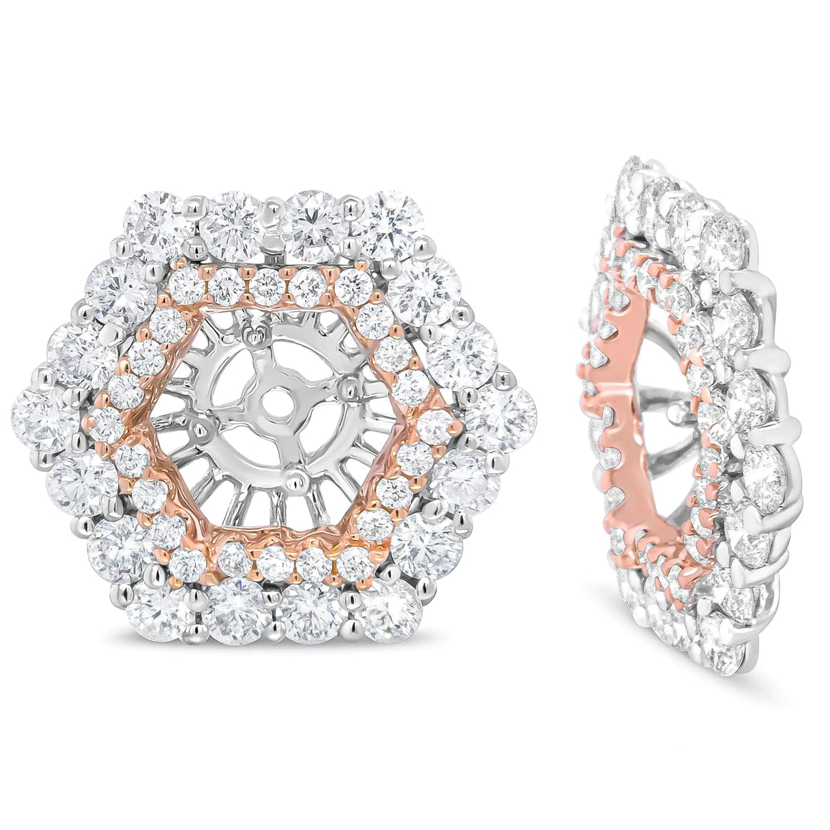 14K Rose and White Gold 1 7/8 Cttw Round Diamond Double Halo Earring Jacket for 6mm Round Studs (G - H Color, VS2 - SI1 Clarity) - Rieworkes