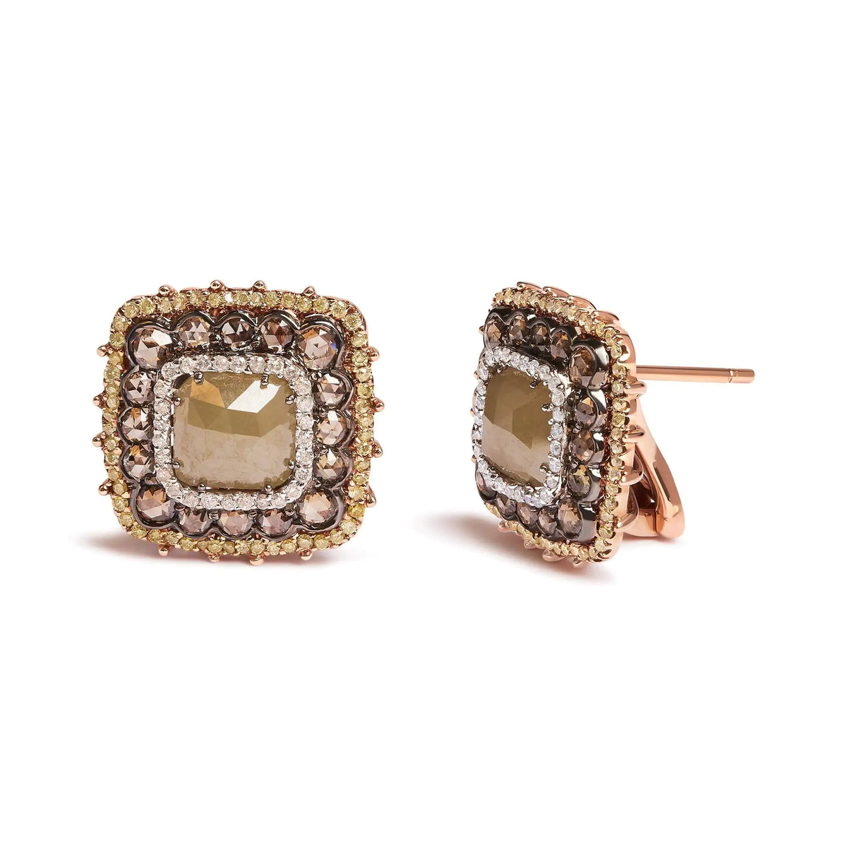 14K Rose Gold 5 7/8 Cttw Fancy Color Rose Cut Diamond Cushion Shape Triple Halo Stud Earring (Fancy Color, I2 - I3 Clarity) - Rieworkes