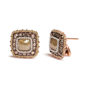 14K Rose Gold 5 7/8 Cttw Fancy Color Rose Cut Diamond Cushion Shape Triple Halo Stud Earring (Fancy Color, I2 - I3 Clarity) - Rieworkes