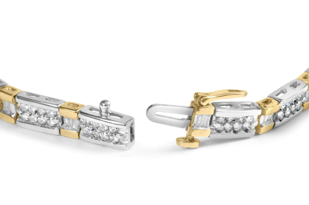 14k Two - Tone 2.00 Cttw Round - Cut and Baguette - Cut Diamond Bar Link 7" Bracelet (I - J Color, SI2 - I1 Clarity) - Rieworkes