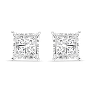 14K White Gold 1 1/2 Cttw Invisible Set Princess - Cut Diamond Contemporary Wavy Quad Stud Earrings (I - J Color, I1 - I2 Clarity) - Rieworkes