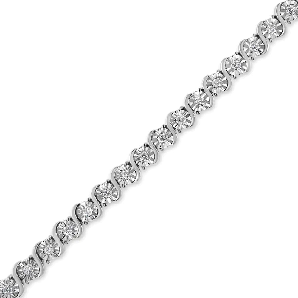 14K White Gold 1.00 Cttw Lab Grown Diamond Round Miracle Plate and "S" Link Tennis Bracelet (F - G Color, VS2 - SI1 Clarity) Size 7" - Rieworkes