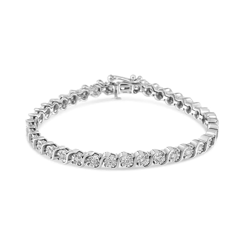 14K White Gold 1.00 Cttw Lab Grown Diamond Round Miracle Plate and "S" Link Tennis Bracelet (F - G Color, VS2 - SI1 Clarity) Size 7" - Rieworkes
