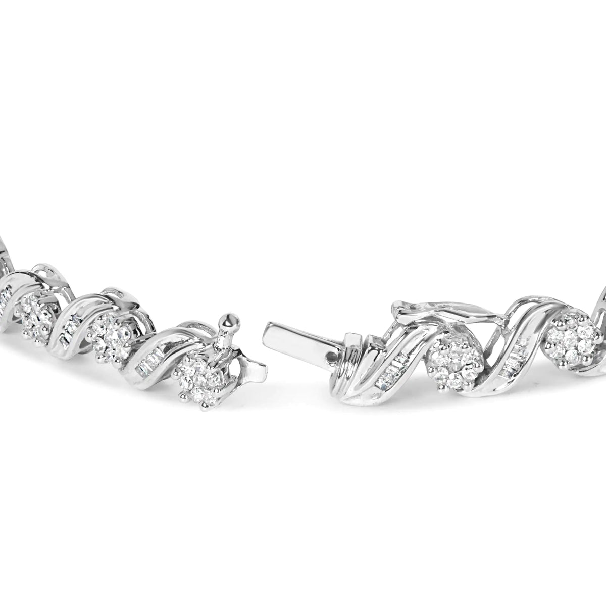 14K White Gold 2.00 Cttw Diamond Cluster and Spiral Link Bracelet (I - J Color, I1 - I2 Clarity) - 7" - Rieworkes