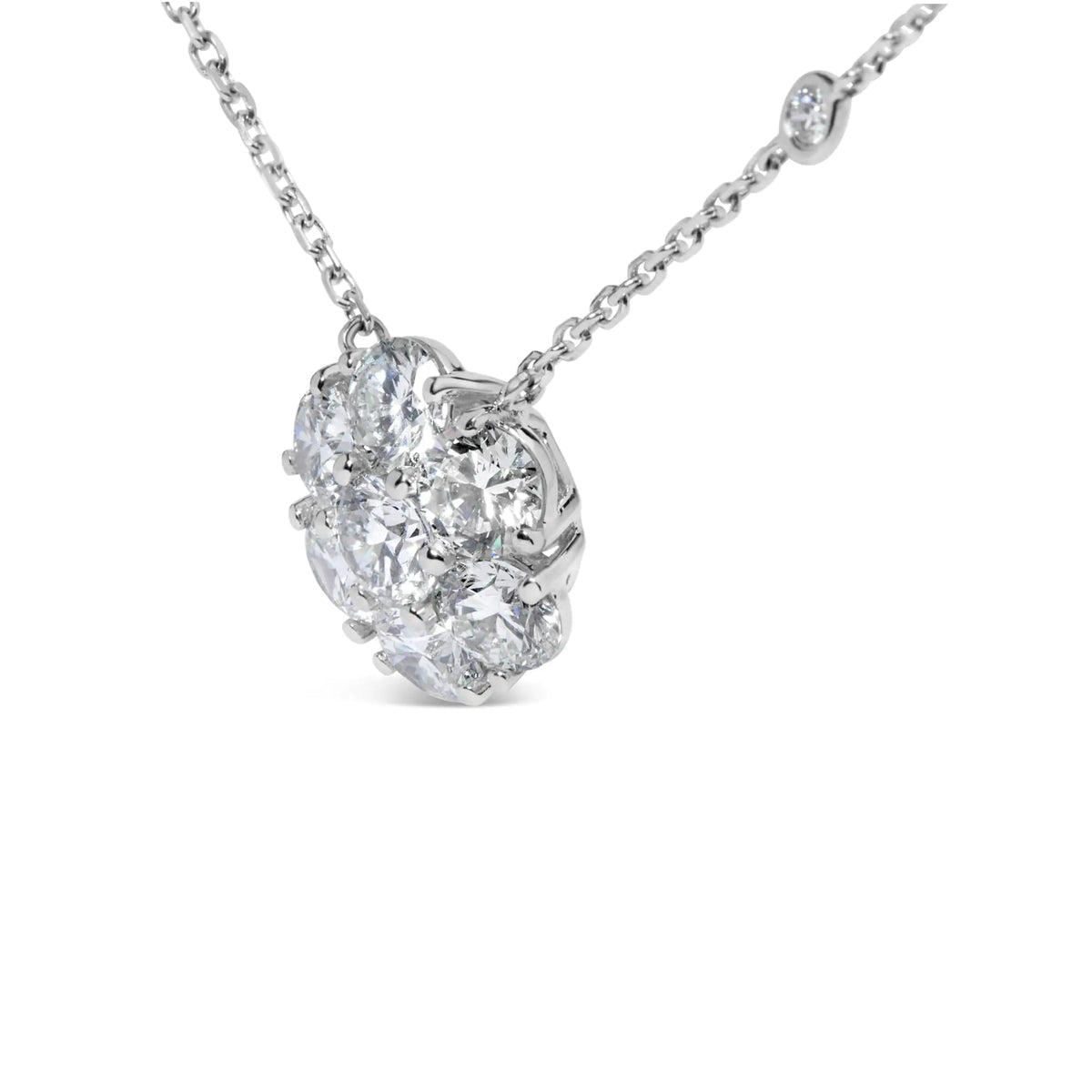 14K White Gold 3.0 Cttw Lab Grown Diamond Floral Cluster and Station 18" Pendant Necklace (G - H Color, VS2 - SI1 Clarity) - Rieworkes