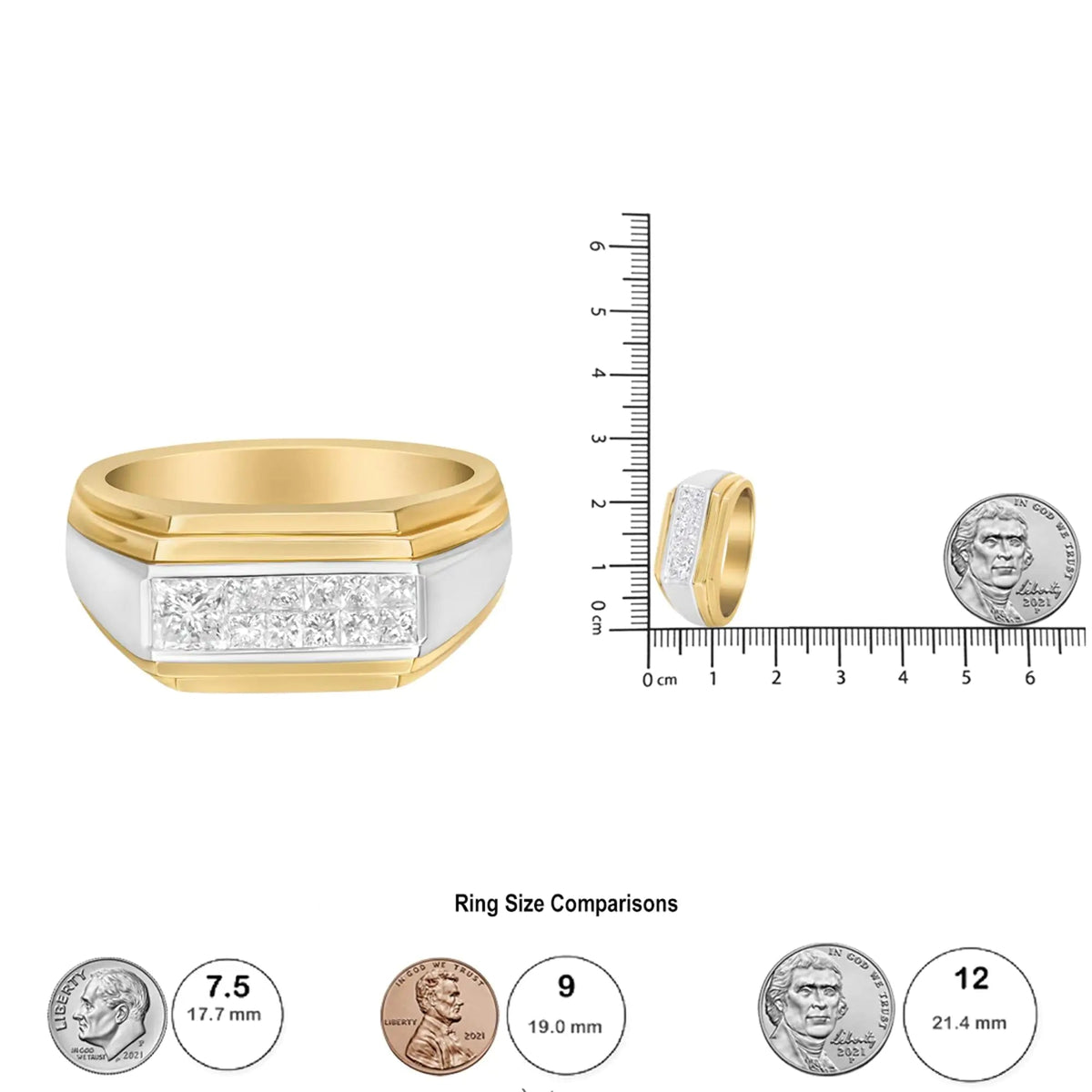 14K Yellow and White Gold 1.00 Cttw Princess - Cut Diamond Modern Gent's Band (G - H Color, SI1 - SI2 Clarity) - Size 10 - Rieworkes
