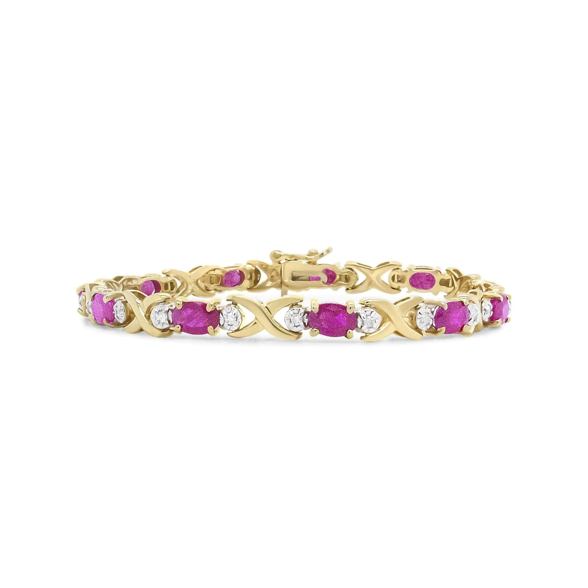 14K Yellow Gold 1/4 Cttw Diamond and Oval Red Ruby Alternating X Link Bracelet (I - J Color, I3 Clarity) - Rieworkes