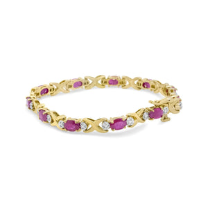 14K Yellow Gold 1/4 Cttw Diamond and Oval Red Ruby Alternating X Link Bracelet (I - J Color, I3 Clarity) - Rieworkes