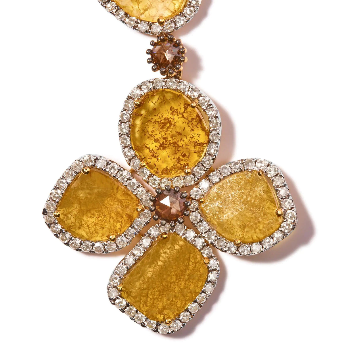 14K Yellow Gold 16 7/8 Cttw Fancy Yellow Rose Cut Diamond 16" Collar Necklace with 4 Leaf Clover Drop (Fancy Yellow/I - J Color, I1 - I2 Clarity) - Rieworkes