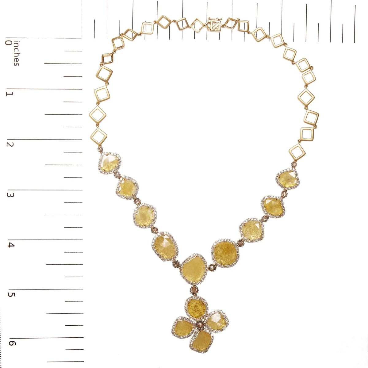 14K Yellow Gold 16 7/8 Cttw Fancy Yellow Rose Cut Diamond 16" Collar Necklace with 4 Leaf Clover Drop (Fancy Yellow/I - J Color, I1 - I2 Clarity) - Rieworkes