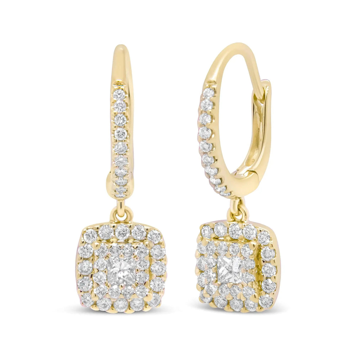 14K Yellow Gold 5/8 Cttw Invisible - Set Princess Diamond Square Halo Dangle Earring (H - I Color, SI1 - SI2 Clarity) - Rieworkes