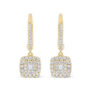14K Yellow Gold 5/8 Cttw Invisible - Set Princess Diamond Square Halo Dangle Earring (H - I Color, SI1 - SI2 Clarity) - Rieworkes