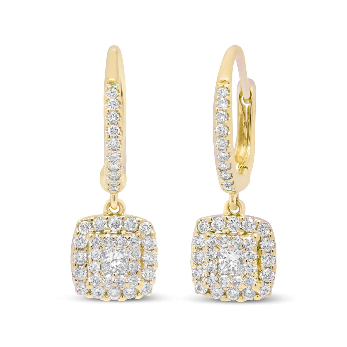 14K Yellow Gold 5/8 Cttw Invisible - Set Princess Diamond Square Halo Dangle Earring (H - I Color, SI1 - SI2 Clarity) - Rieworkes