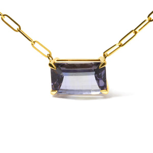 14K Yellow Gold Natural 2 7/8 Cttw Pixel Cut Emerald Bicolor Tanzanite Pendant Necklace with Paperclip Chain - 18 Inches - Rieworkes