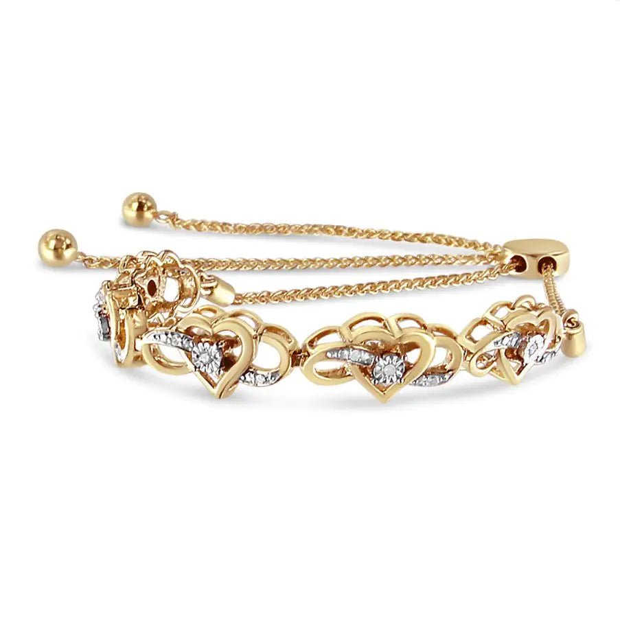 14K Yellow Gold Plated .925 Sterling Silver 1/10 Cttw Diamond Infinity Heart Shaped 4” - 10” Adjustable Bolo Bracelet (H - I Color, I2 - I3 Clarity) - Rieworkes