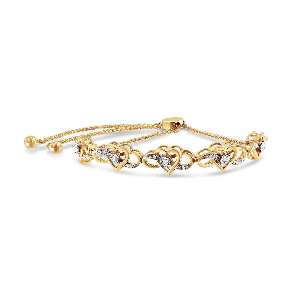 14K Yellow Gold Plated .925 Sterling Silver 1/10 Cttw Diamond Infinity Heart Shaped 4” - 10” Adjustable Bolo Bracelet (H - I Color, I2 - I3 Clarity) - Rieworkes