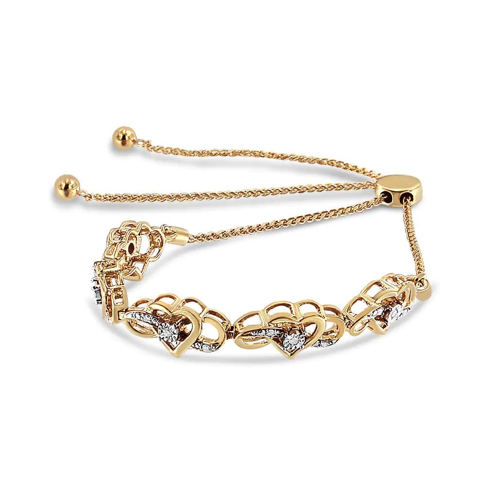 14K Yellow Gold Plated .925 Sterling Silver 1/10 Cttw Diamond Infinity Heart Shaped 4” - 10” Adjustable Bolo Bracelet (H - I Color, I2 - I3 Clarity) - Rieworkes