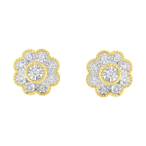 14K Yellow Gold Plated .925 Sterling Silver 1/6 Cttw Miracle - Plate Set Diamond Floral Stud Earrings (I - J Color, I2 - I3 Clarity) - Rieworkes