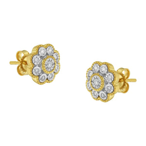 14K Yellow Gold Plated .925 Sterling Silver 1/6 Cttw Miracle - Plate Set Diamond Floral Stud Earrings (I - J Color, I2 - I3 Clarity) - Rieworkes