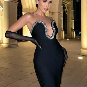 Elegant Summer Sexy V-Neck Bodycon Dress with Rhinestones Mimarta