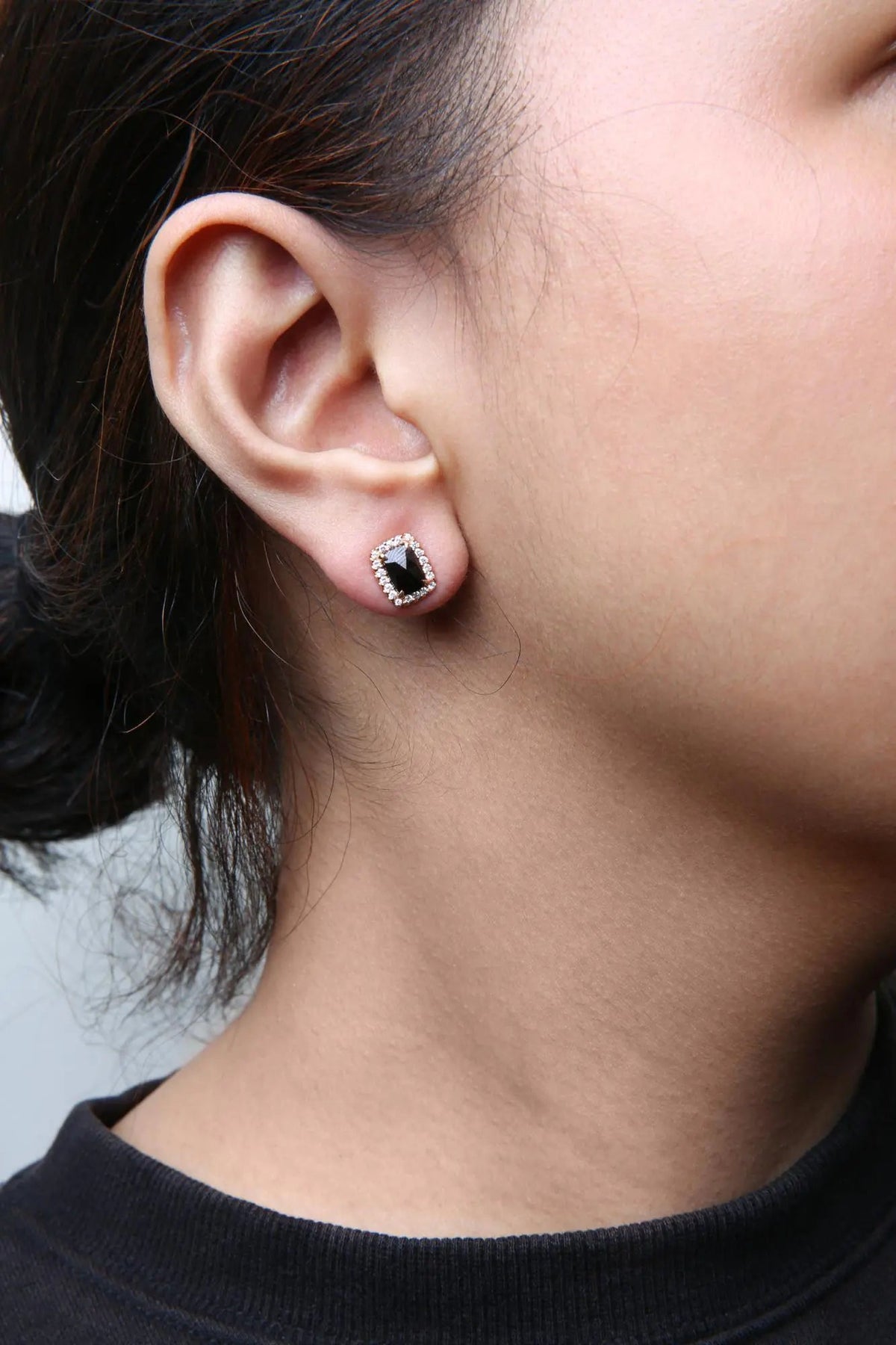 18K Rose and White Gold 1/4 Cttw Round Diamond and 8x6mm Cushion Cut Black Onyx Gemstone Halo Stud Earrings (G - H Color, SI1 - SI2 Clarity) - Rieworkes