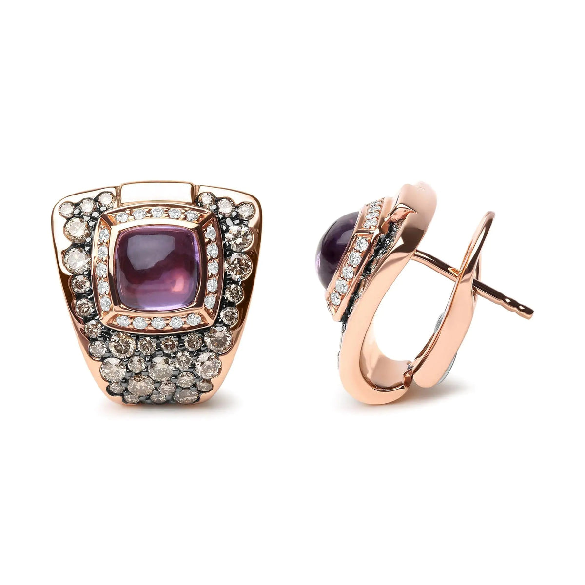 18K Rose Gold 1 1/2 Cttw Round Diamond and 7mm Cushion Cut Purple Amethyst Gemstone Geometrical Statement Stud Earrings (Brown and G - H Color, SI1 - SI2 Clarity) - Rieworkes