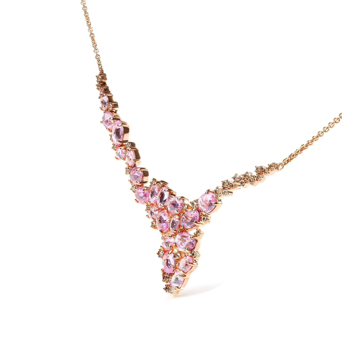 18K Rose Gold 1/2 Cttw Brown Diamond and Multi - Size Oval Pink Sapphire Cluster Cascade Statement Station Necklace (Brown Color, SI1 - SI2 Clarity) - Adjustable up to 14" to 16" - Rieworkes
