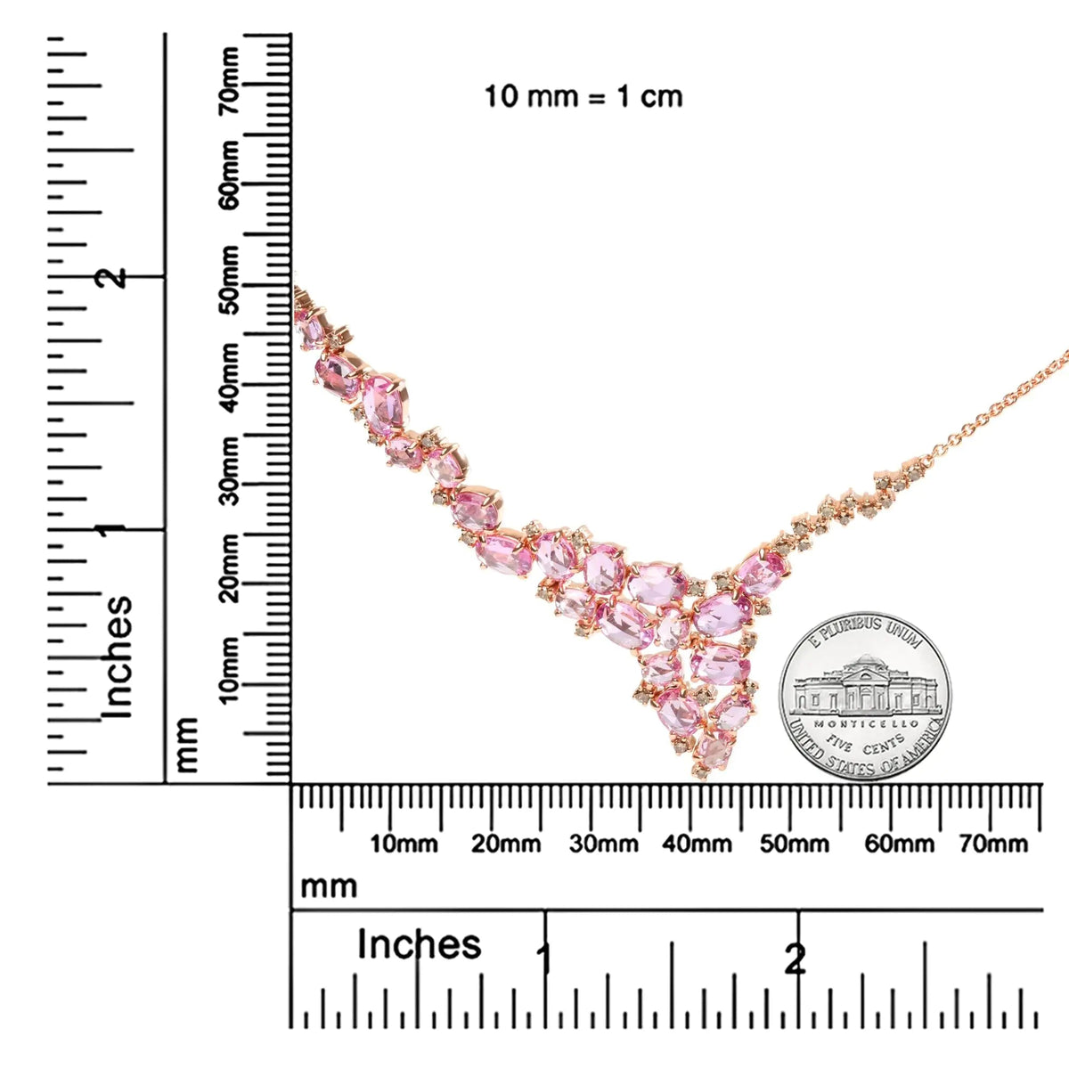 18K Rose Gold 1/2 Cttw Brown Diamond and Multi - Size Oval Pink Sapphire Cluster Cascade Statement Station Necklace (Brown Color, SI1 - SI2 Clarity) - Adjustable up to 14" to 16" - Rieworkes