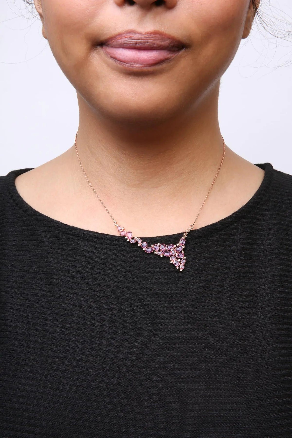 18K Rose Gold 1/2 Cttw Brown Diamond and Multi - Size Oval Pink Sapphire Cluster Cascade Statement Station Necklace (Brown Color, SI1 - SI2 Clarity) - Adjustable up to 14" to 16" - Rieworkes