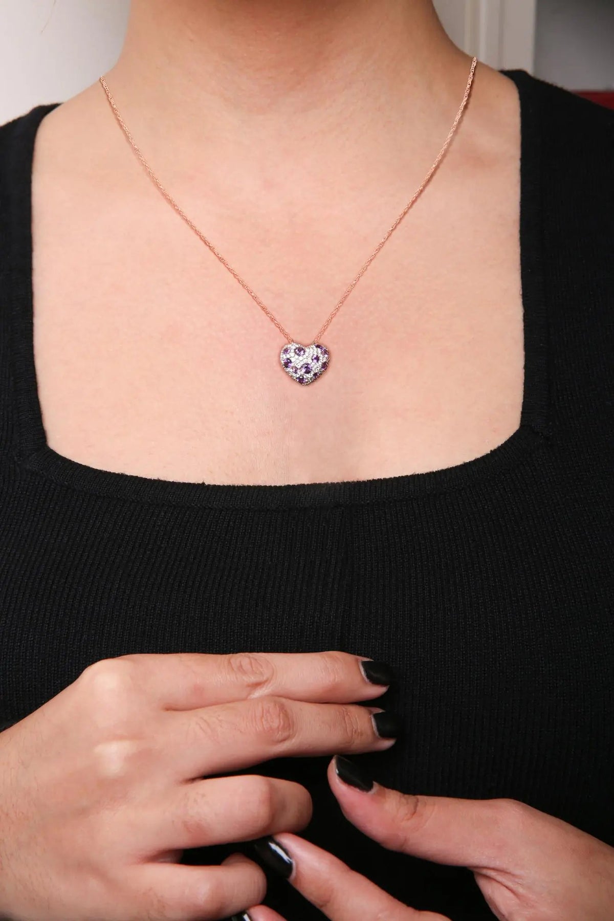 18K Rose Gold 3/4 Cttw Diamond and Purple Amethyst Cluster Heart Shape 18" Pendant Necklace (G - H Color, SI1 - SI2 Clarity) - Rieworkes