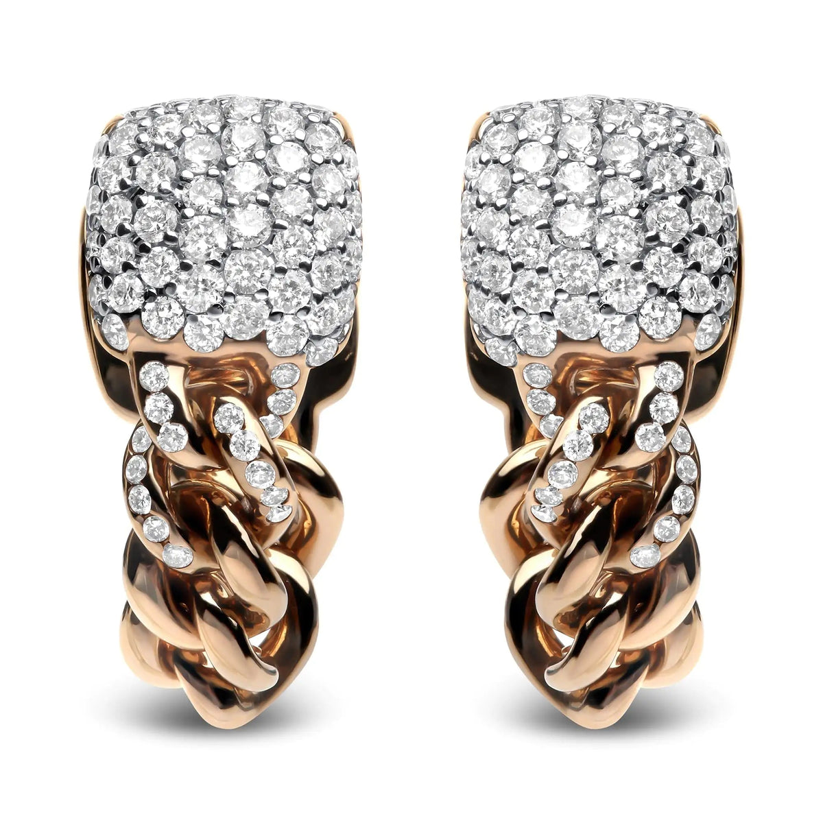 18K Rose Gold 3/4 Cttw Round Diamond Pave Cuban Chain Huggie Earrings (G - H Color, SI1 - SI2 Clarity) - Rieworkes