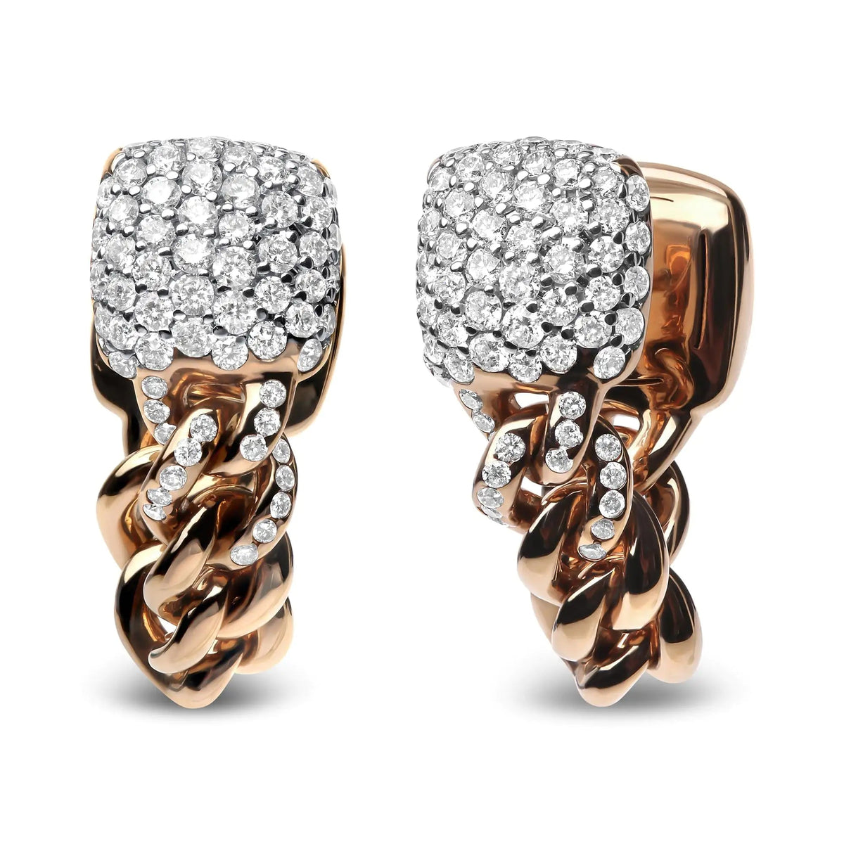 18K Rose Gold 3/4 Cttw Round Diamond Pave Cuban Chain Huggie Earrings (G - H Color, SI1 - SI2 Clarity) - Rieworkes