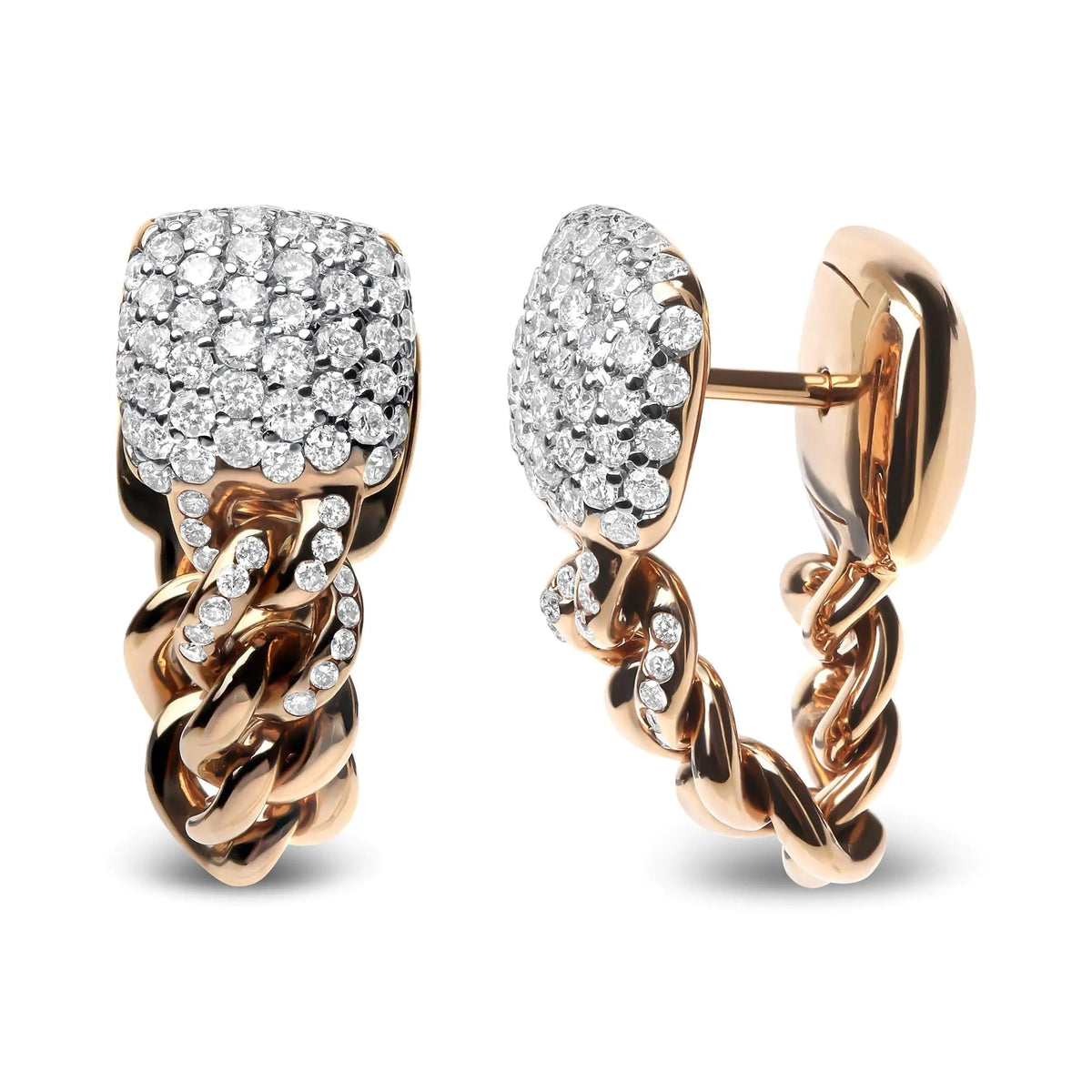 18K Rose Gold 3/4 Cttw Round Diamond Pave Cuban Chain Huggie Earrings (G - H Color, SI1 - SI2 Clarity) - Rieworkes