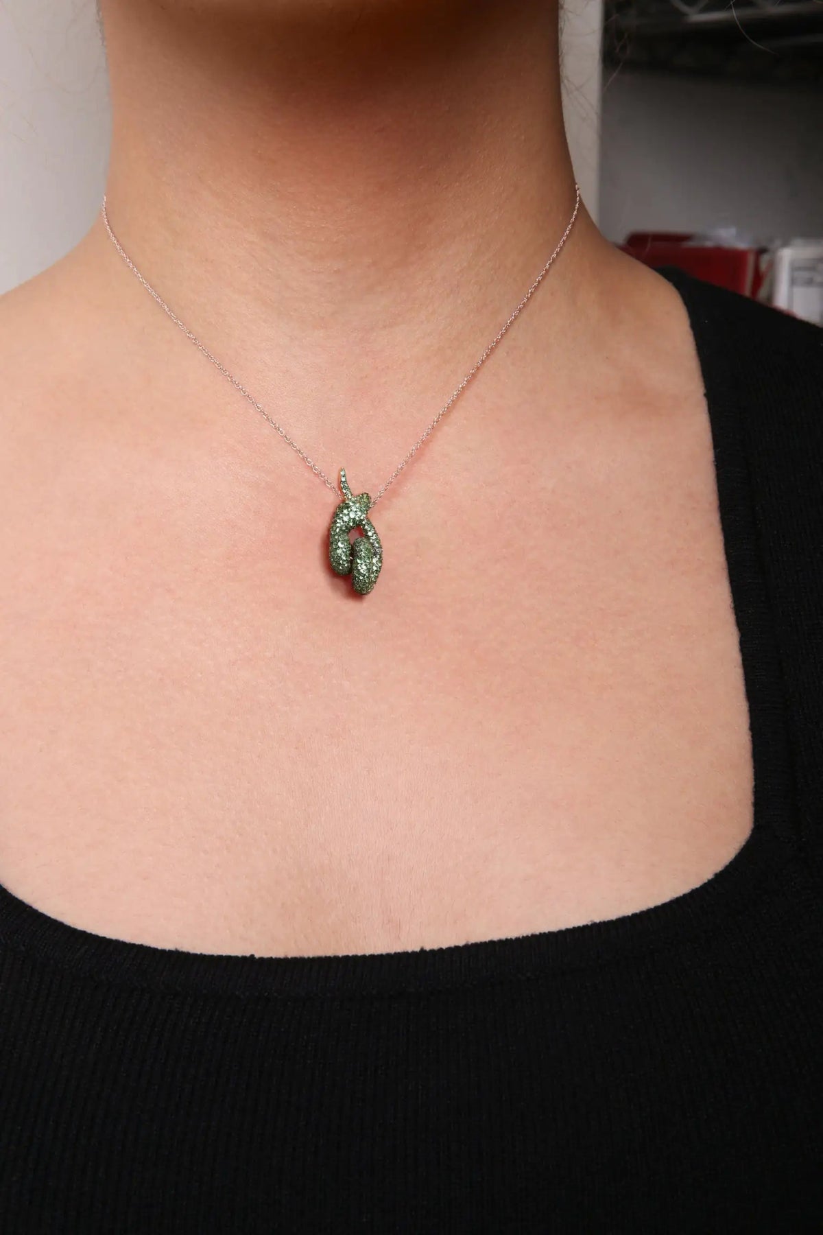 18K Rose Gold Round Green Tsavorite Gemstone Cluster Spiral Snake Design 18" Pendant Necklace (AAA+ Quality) - Rieworkes