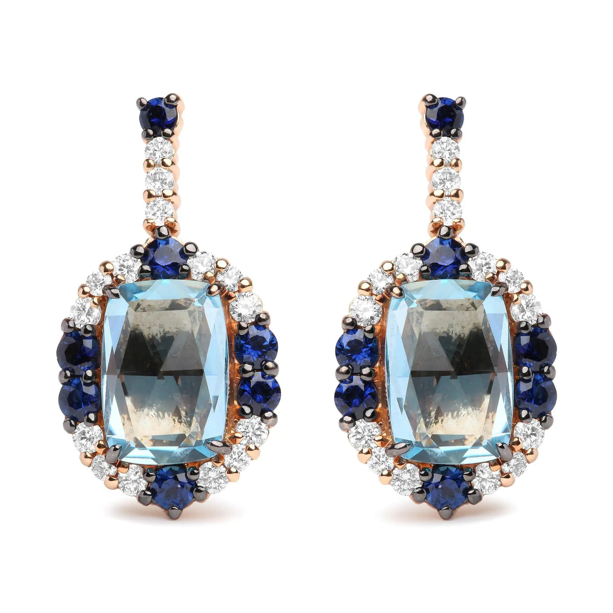 18K White and Rose Gold and 3/4 Cttw Diamond with Round Blue Sapphire and 13x8mm Cushion Cut Sky Blue Topaz Gemstone Cluster Dangle Earrings (G - H Color, SI1 - SI2 Clarity) - Rieworkes
