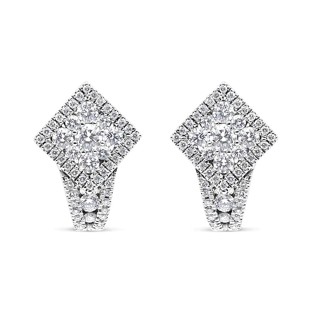 18K White Gold 1 1/10 Cttw Round Diamond Cluster with Halo Hoop Huggie Earring (F - G Color, VS1 - VS2 Clarity) - Rieworkes