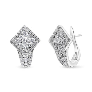 18K White Gold 1 1/10 Cttw Round Diamond Cluster with Halo Hoop Huggie Earring (F - G Color, VS1 - VS2 Clarity) - Rieworkes