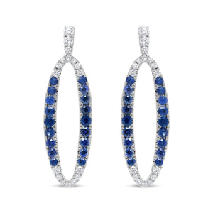 18K White Gold 1.11 Cttw Blue Round Diamond and Blue Sapphire Openwork Oval Shaped Dangle Earrings (F - G Color, VS1 - VS2 Clarity) - Rieworkes