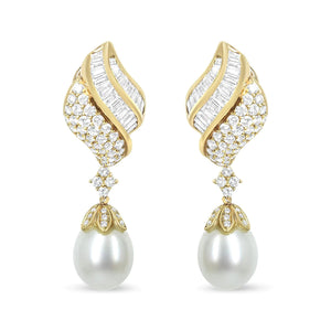 18k Yellow Gold 7.0 Cttw Baguette and Round Diamond South Sea Pearl Drop Dangle Clip - On Earrings (F - G Color, VS1 - VS2 Clarity) - Rieworkes
