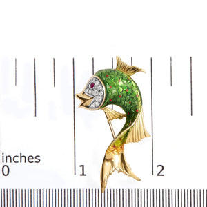 18K Yellow Gold and Green Enamel Diamond and Pink Sapphire Fish Brooch Pin (H - I Color, VS2 - SI1 Clarity) - Rieworkes