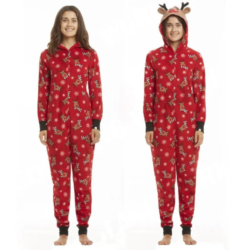 Fashionable Hooded Christmas Print Jumpsuit Mimarta