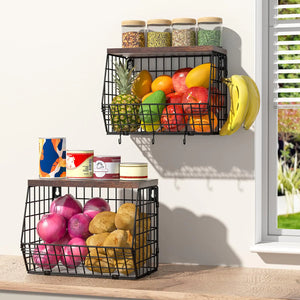 Wawocs 2 Tier Fruit Bowl Fruit Basket for Kitchen Counter Stackable Wall Mounted Hanging Basket Wire Baskets with Wood Lid with 4 Banana Hanger Hooks Onion Basket Fruit and Vegetable Storage Mimarta