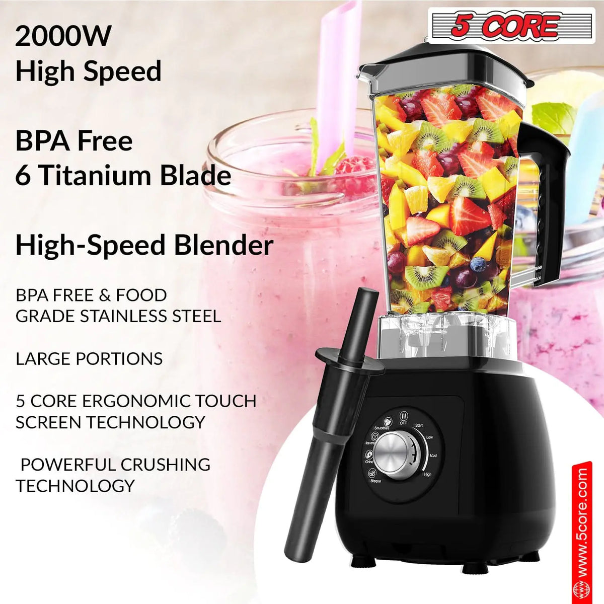 5Core Juicer Blender Machines 2000W Countertop Kitchen Smoothie Maker w 68oz Jar Rieworkes