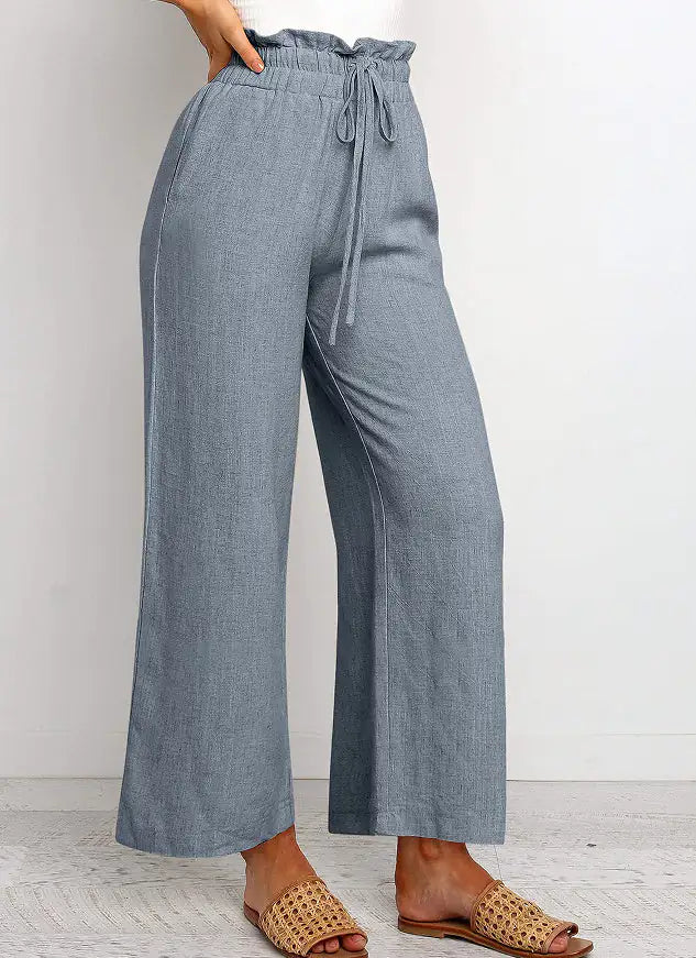 Elastic Waistband Lace-up Wide Leg Pants Solid Color Cropped Pants Rieworkes
