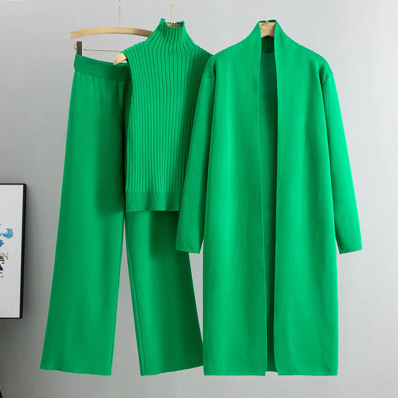 Women's 3-Piece Knit Set: Sleeveless Vest, Long Cardigan, and Wide-Leg Pants Rieworkes