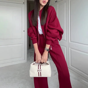 BASIC Solid Color Zip Sweater and Trousers Suit for Women Rieworkes