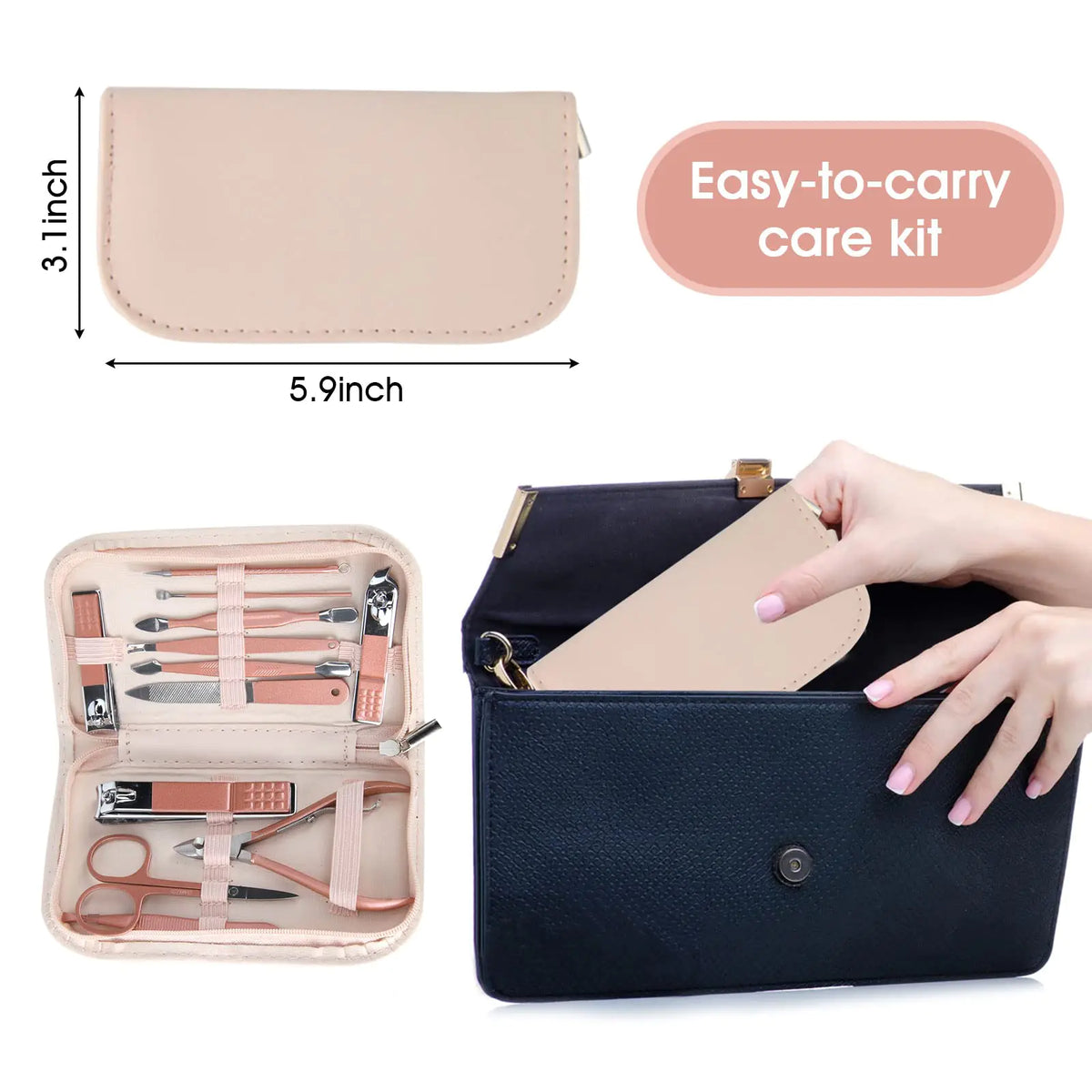 Nail Clippers and Beauty Tool Portable Set, Rose Gold Martensitic Stainless Steel Manicure Set 12 in 1, with Pink Leather Bag, Suitable for Home, Workplace, Outdoor Travel, Gift Giving, Salon. Rieworkes