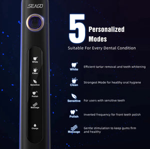 Seago Sonic Toothbrush Electric Toothbrush Cleaning Teeth 5 Modes with 8 Replaceable Brush Heads 2 Min Timer With Portable Box Rieworkes