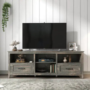 70 Inch Length TV Stand For Living Room And Bedroom, With 2 Drawers And 4 High-Capacity Storage Compartment, Black Pine Rieworkes