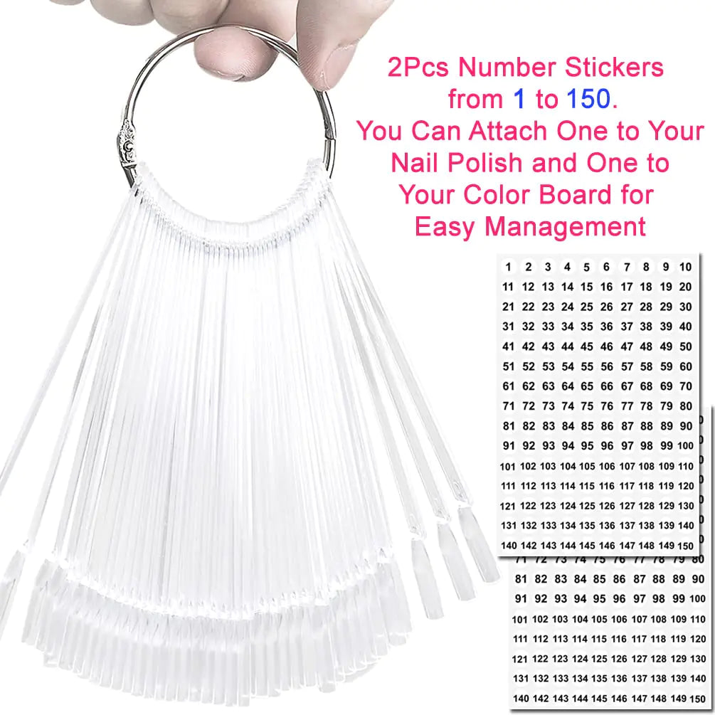 JASSINS 150 Pcs Nail Swatch Sticks with Ring and Number posted, Clear Fan-shaped Nail Art Polish Practice Display Tips Nail Sample Sticks, Nail Practice Color Display Polish Board C. Transparent (150 PCS) Rieworkes